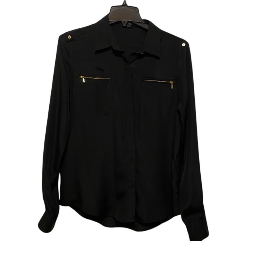 Velvet Heart Button Down Shirt Size Small Black Gold Zipper Pockets Long Sleeve
